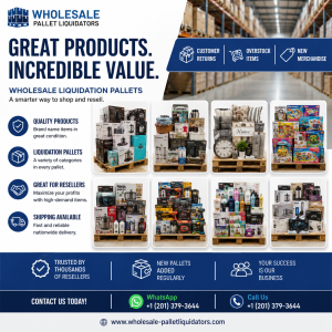 Wholesale liquidation pallets containing electronics, tools, toys, beauty products, collectibles, and general merchandise in a modern warehouse for resale businesses